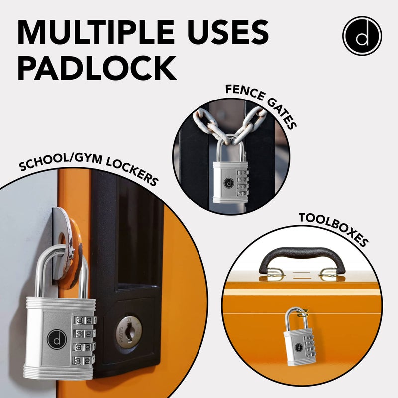 desired tools Padlock 4 Digit Combination Lock - for Gym School Locker, Outdoor Gate, Shed, Fence, and Storage - Weatherproof Metal - Keyless, Easy to Set, Resettable - Silver - Image 2